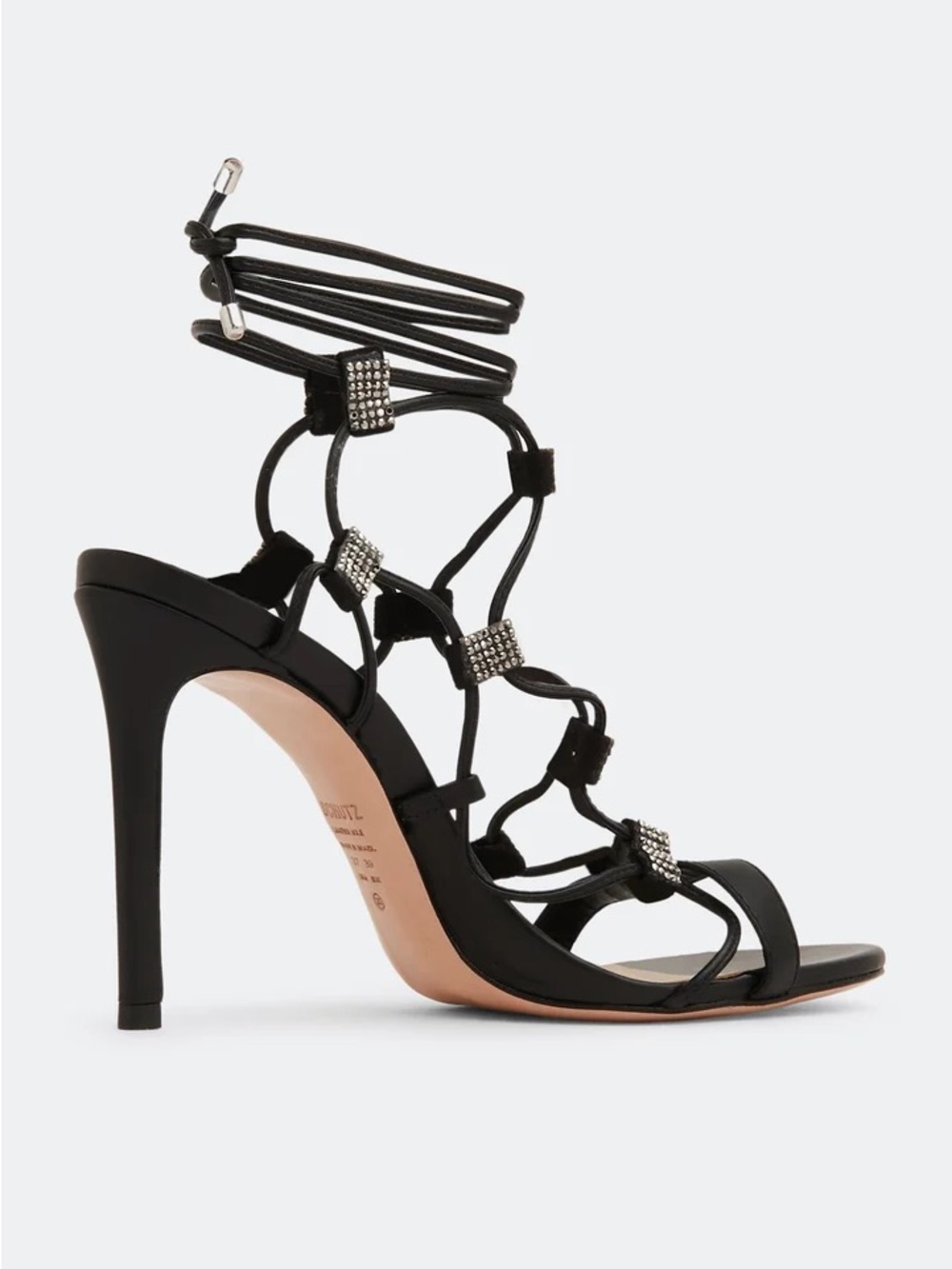 SCHUTZ Black Rhinestone Lace-Up Stiletto Sandals